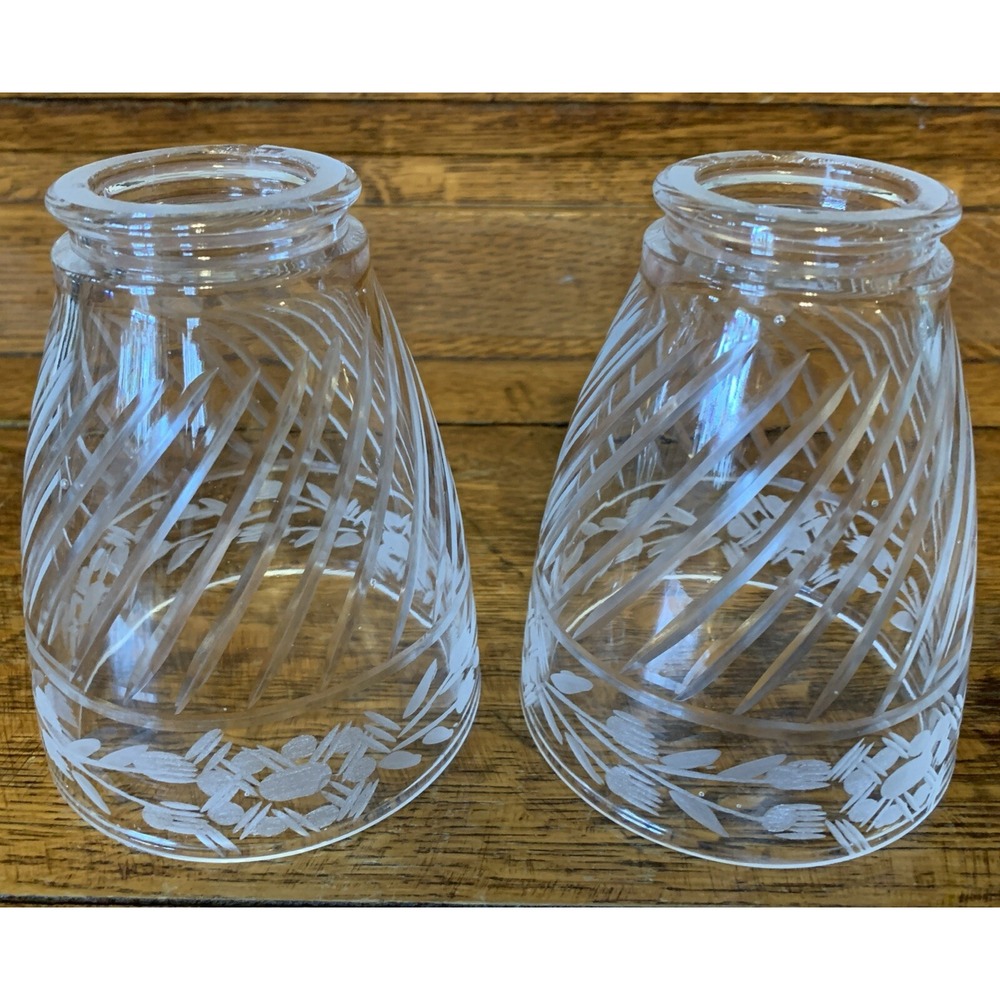 Pair Set 2 Vintage‎ Floral Foliage Etched Ribbed Glass Lampshades 2" Shades Lamp